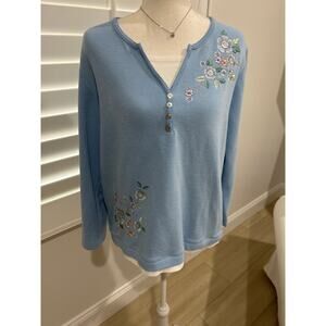 Alfred Dunner Cotton Blend knit cardigan Embroidered Floral Blue Size M